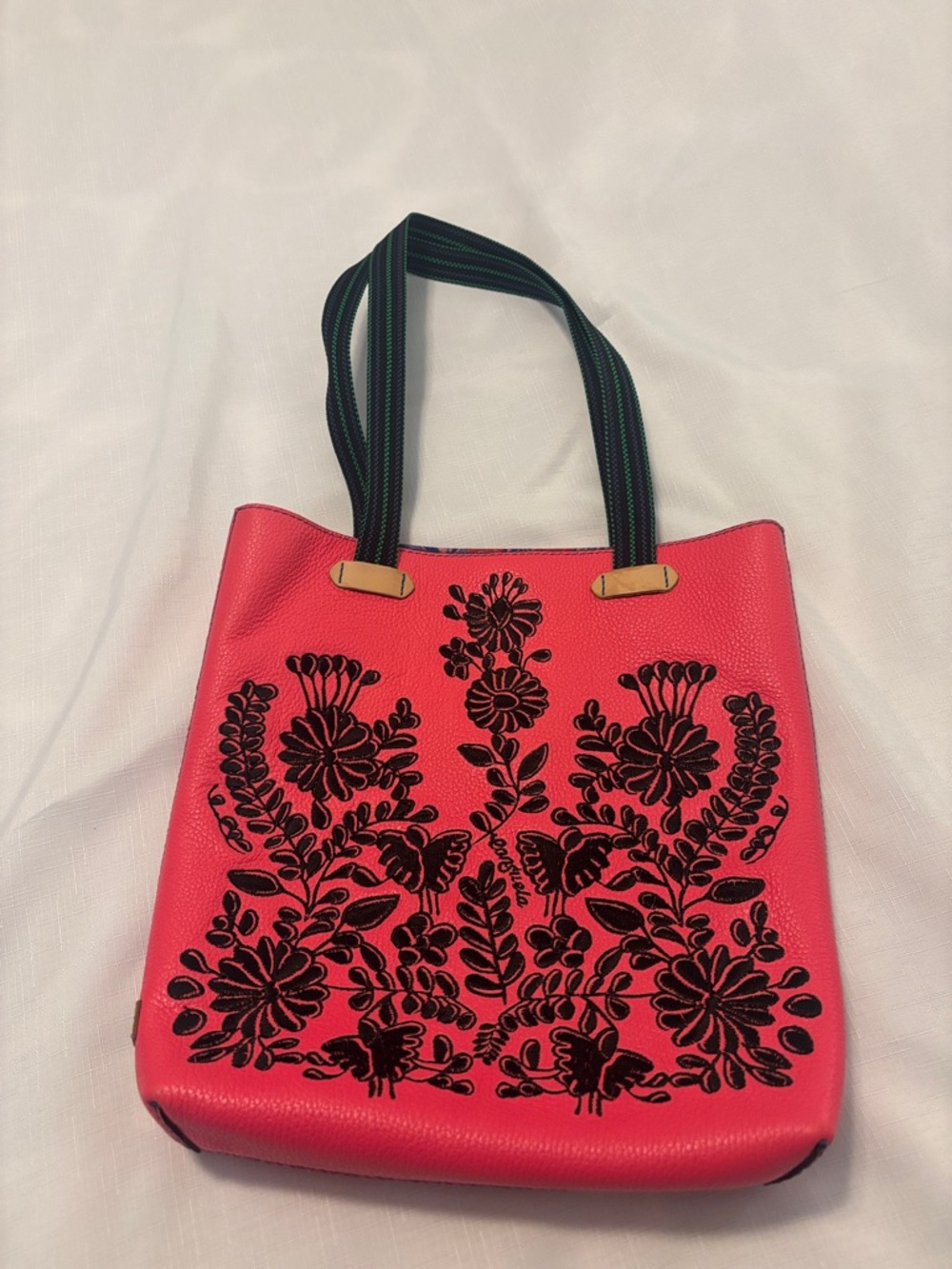 Consuela Maren Everyday Tote pink leather exterior black floral embroidery boho